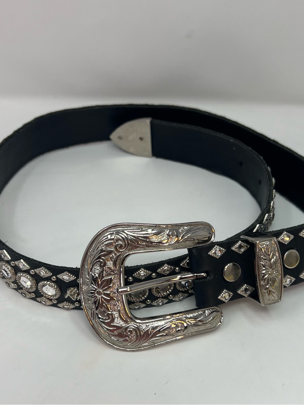 Kippy’s Vintage Western Belt Swarski Crystal Accents Black Leather Silver Y2K